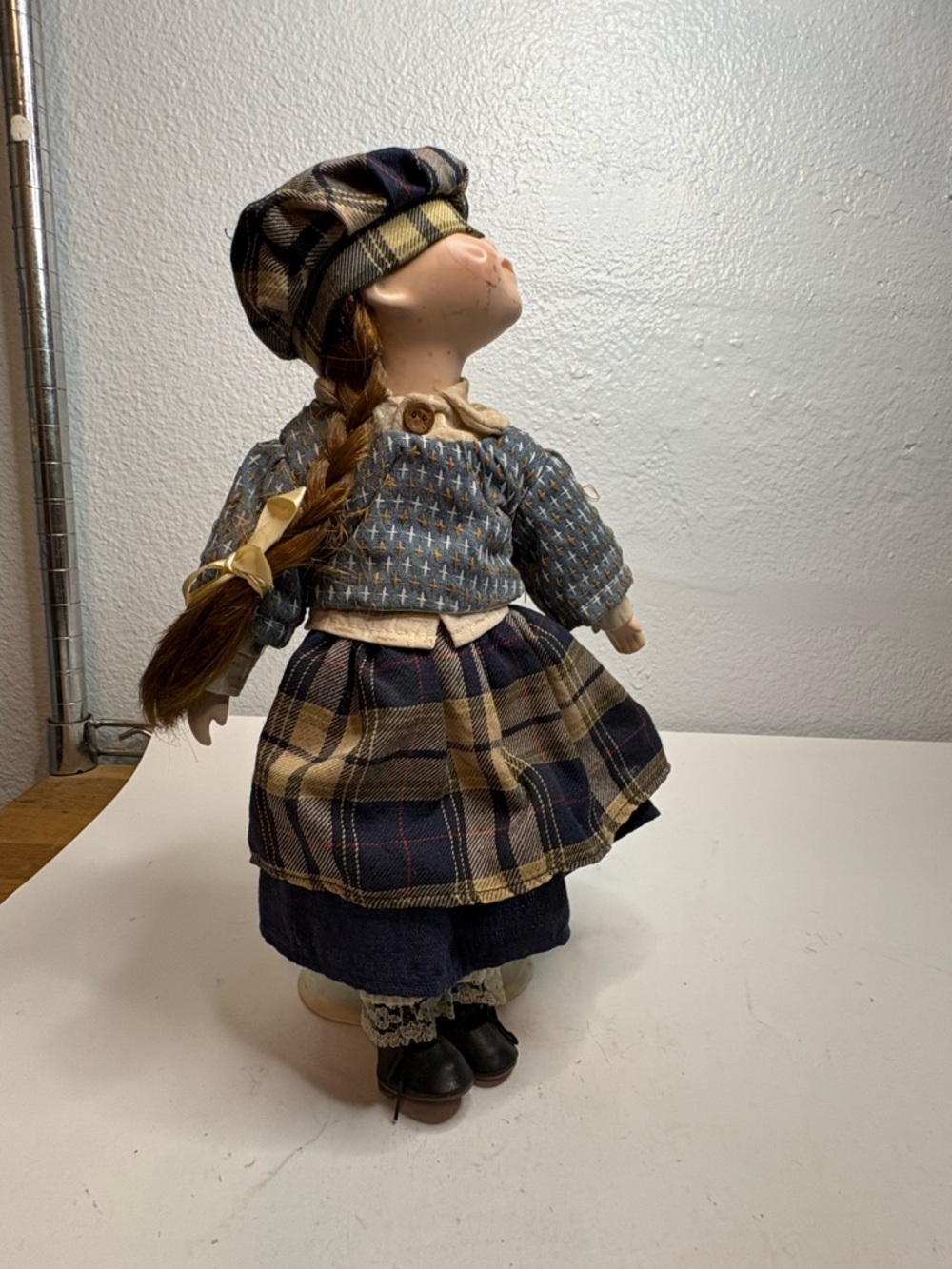 Vintage Style Plaid Girl Doll in Blue and Tan Outfit - Kids Toys